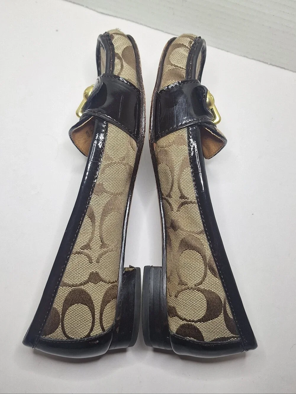 Coach Elkie Loafers Shoes Brown Signature Canvas Patent Leather Size 7 B
